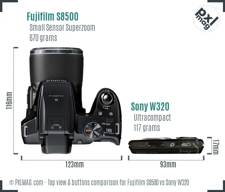 Fujifilm S8500 vs Sony W320 top view buttons comparison