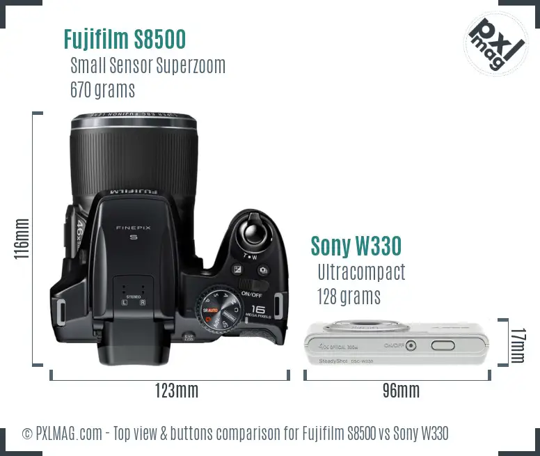 Fujifilm S8500 vs Sony W330 top view buttons comparison Fujifilm S8500 vs Sony W330 top view buttons comparison