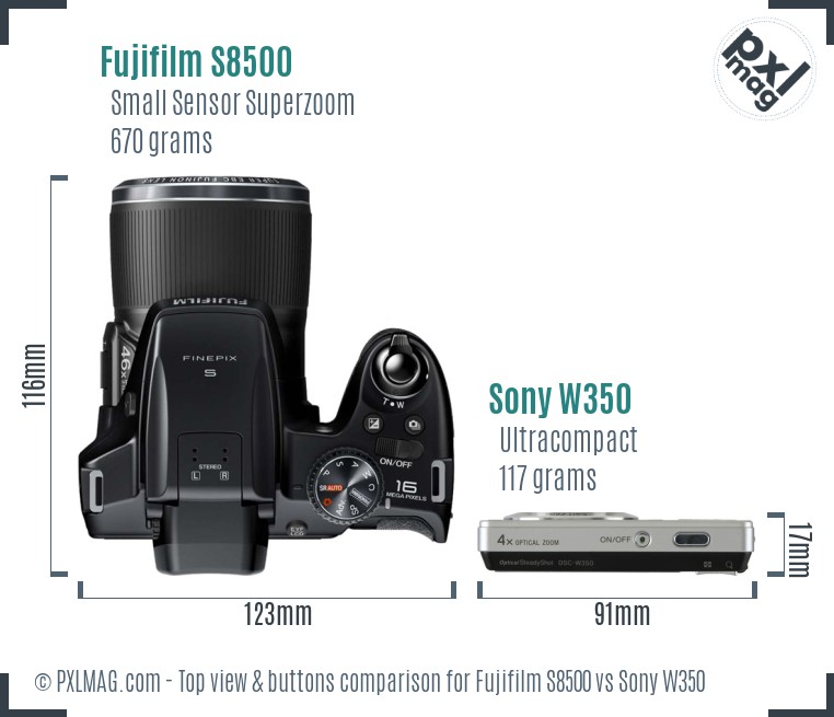 Fujifilm S8500 vs Sony W350 top view buttons comparison