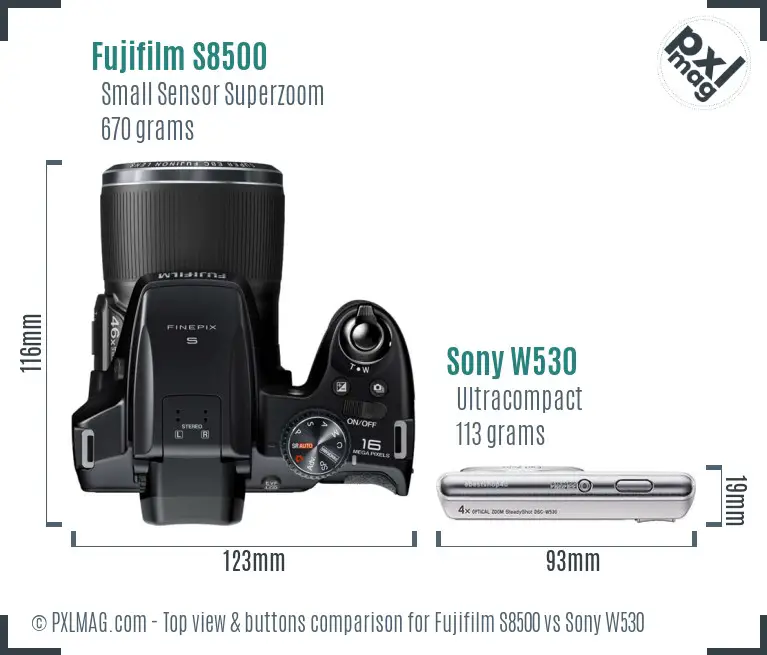 Fujifilm S8500 vs Sony W530 top view buttons comparison