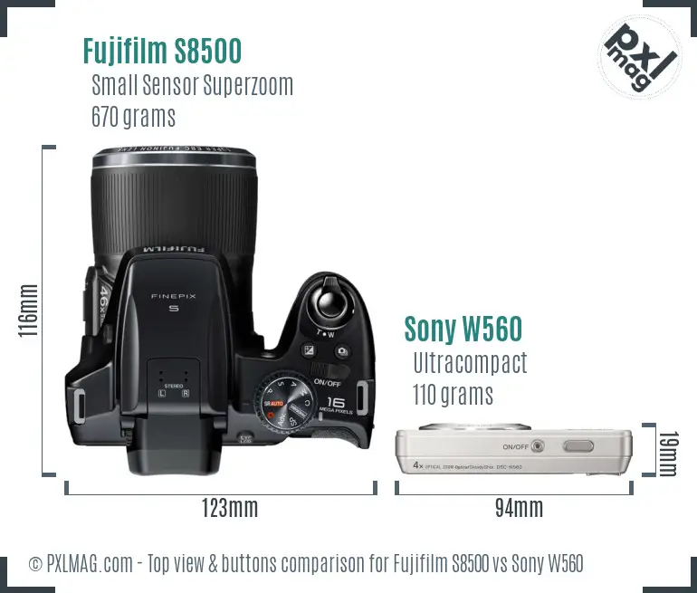 Fujifilm S8500 vs Sony W560 top view buttons comparison