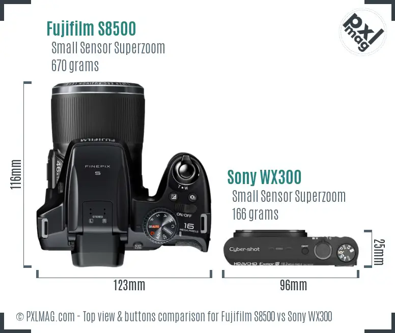 Fujifilm S8500 vs Sony WX300 top view buttons comparison Fujifilm S8500 vs Sony WX300 top view buttons comparison