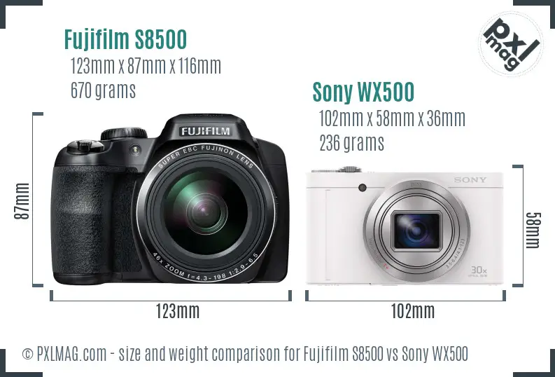 Fujifilm S8500 vs Sony WX500 size comparison