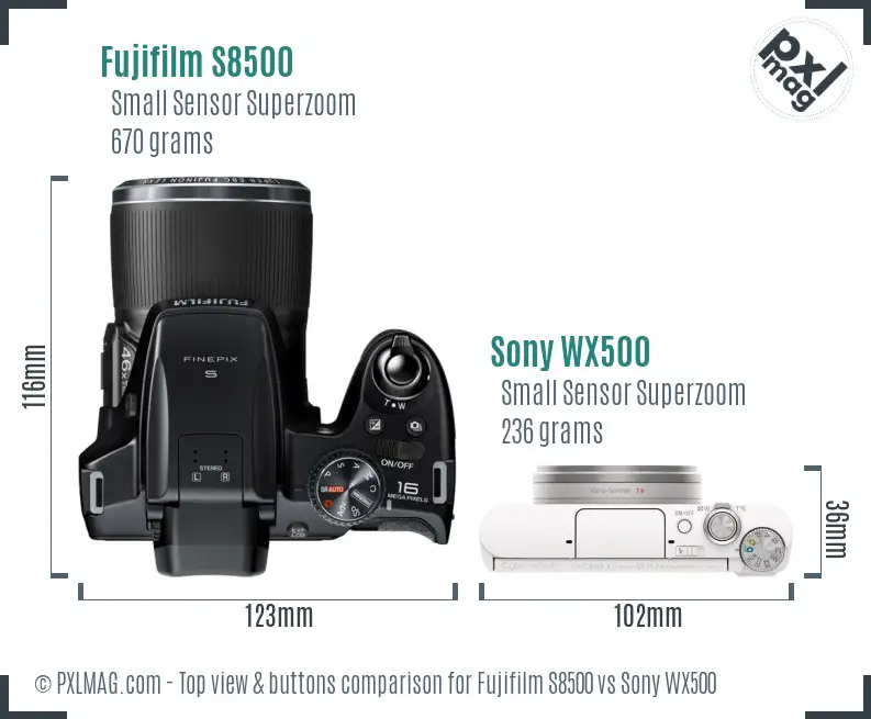 Fujifilm S8500 vs Sony WX500 top view buttons comparison