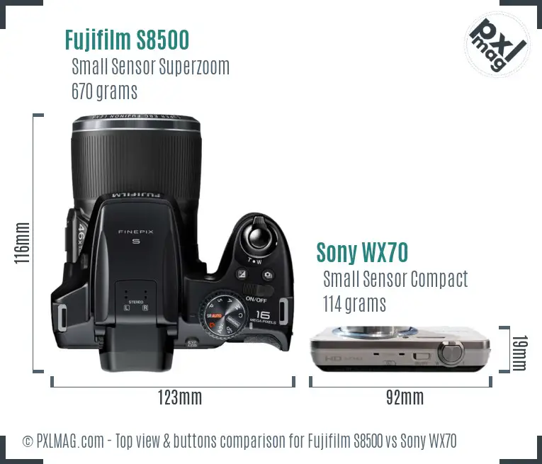 Fujifilm S8500 vs Sony WX70 top view buttons comparison