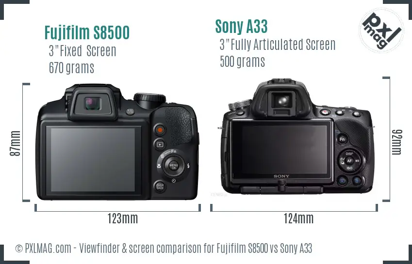 Fujifilm S8500 vs Sony A33 Screen and Viewfinder comparison