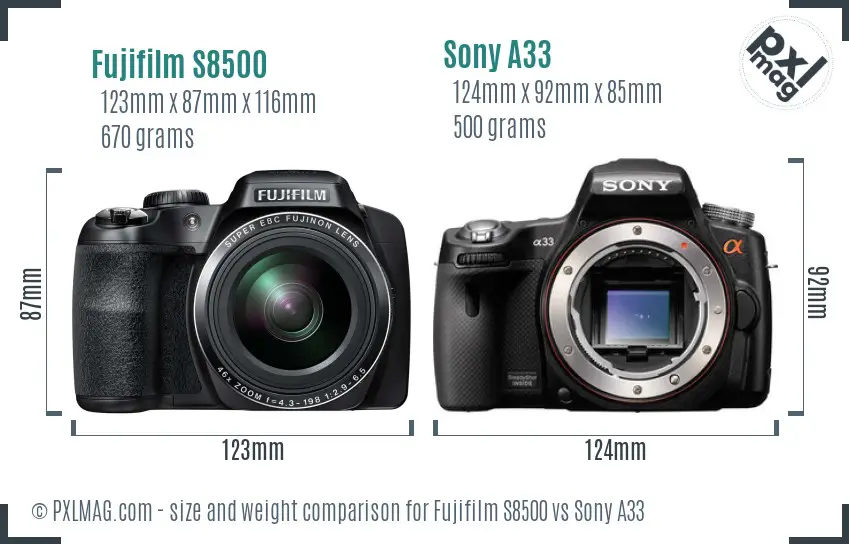 Fujifilm S8500 vs Sony A33 size comparison