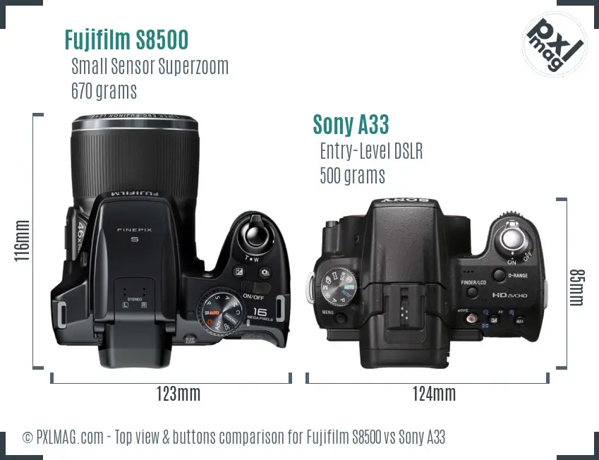 Fujifilm S8500 vs Sony A33 top view buttons comparison