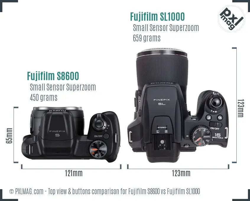Fujifilm S8600 vs Fujifilm SL1000 top view buttons comparison