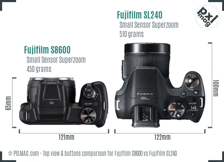 Fujifilm S8600 vs Fujifilm SL240 top view buttons comparison