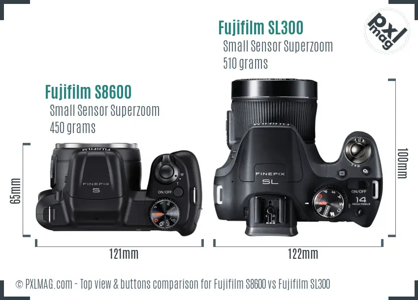 Fujifilm S8600 vs Fujifilm SL300 top view buttons comparison