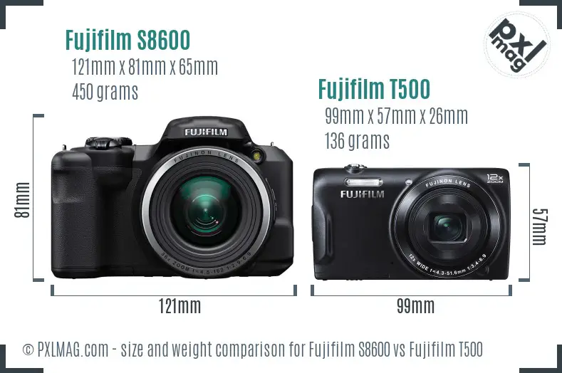 Fujifilm S8600 vs Fujifilm T500 size comparison
