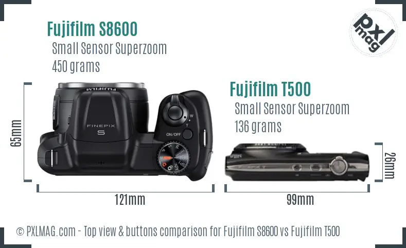 Fujifilm S8600 vs Fujifilm T500 top view buttons comparison