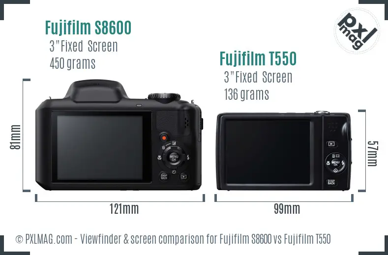 Fujifilm S8600 vs Fujifilm T550 Screen and Viewfinder comparison