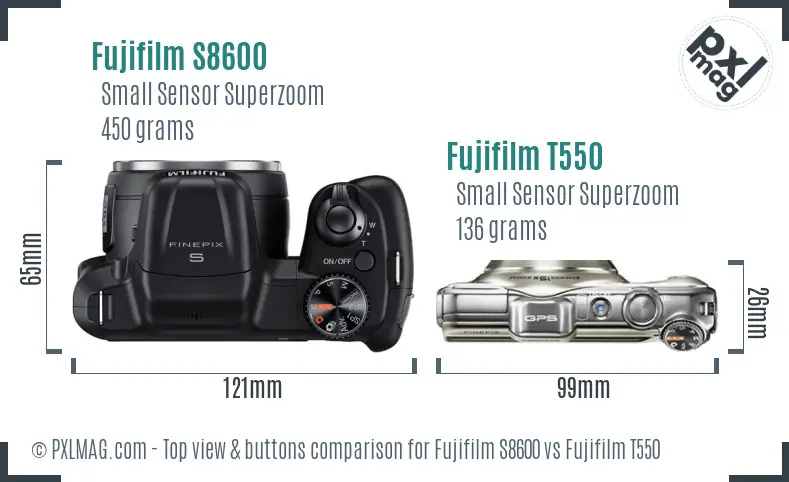 Fujifilm S8600 vs Fujifilm T550 top view buttons comparison