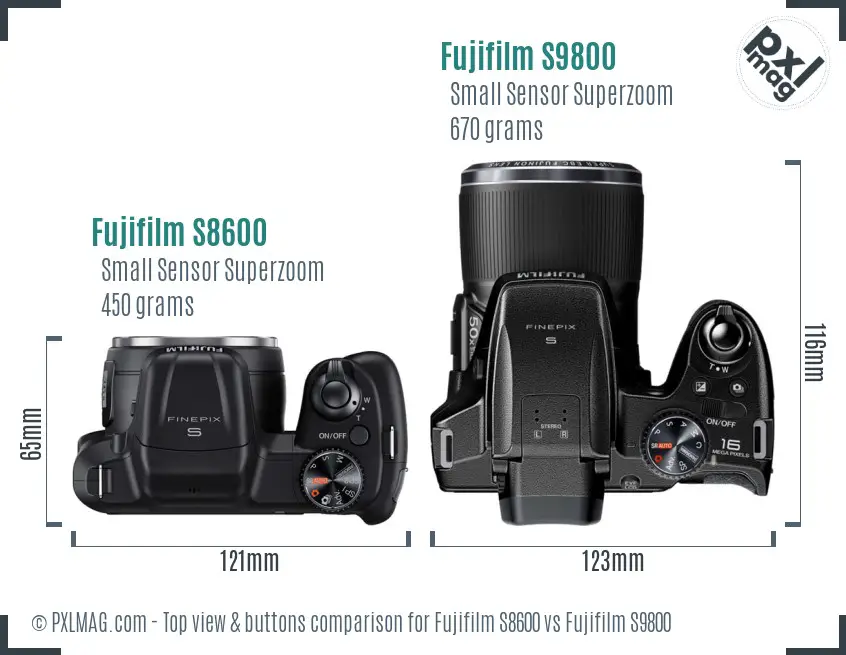Fujifilm S8600 vs Fujifilm S9800 top view buttons comparison
