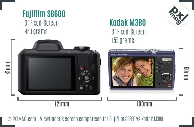 Fujifilm S8600 vs Kodak M380 Screen and Viewfinder comparison