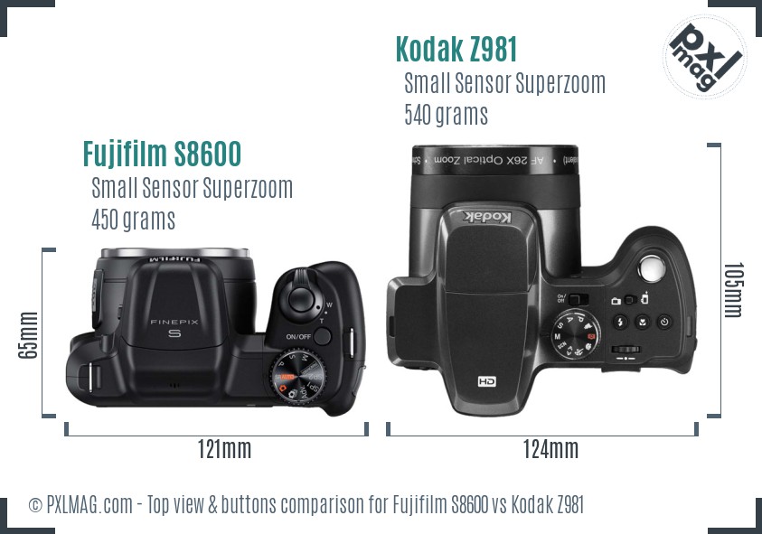 Fujifilm S8600 vs Kodak Z981 top view buttons comparison