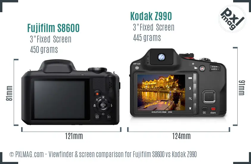 Fujifilm S8600 vs Kodak Z990 Screen and Viewfinder comparison