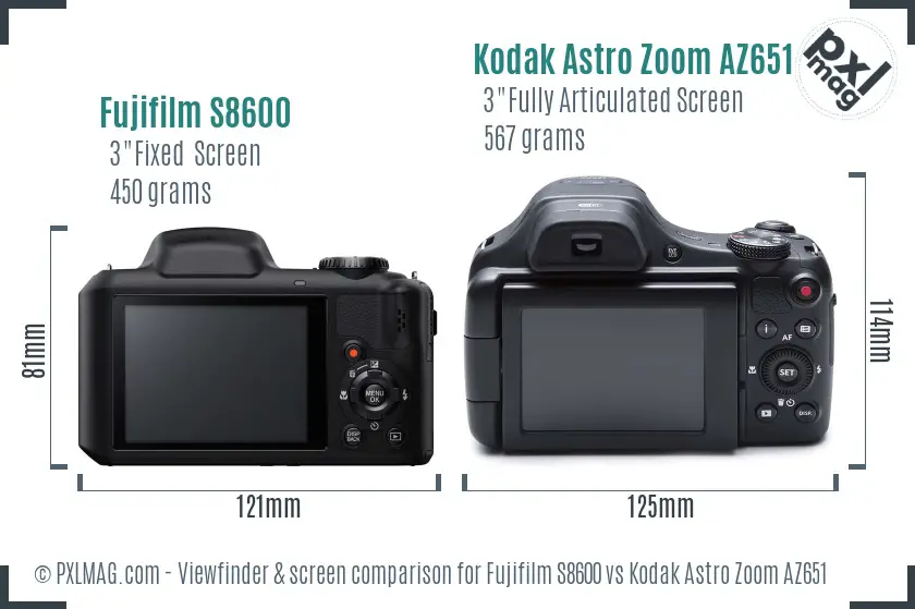 Fujifilm S8600 vs Kodak Astro Zoom AZ651 Screen and Viewfinder comparison