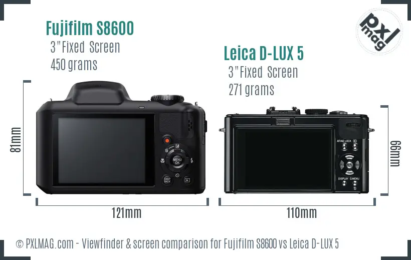 Fujifilm S8600 vs Leica D-LUX 5 Screen and Viewfinder comparison