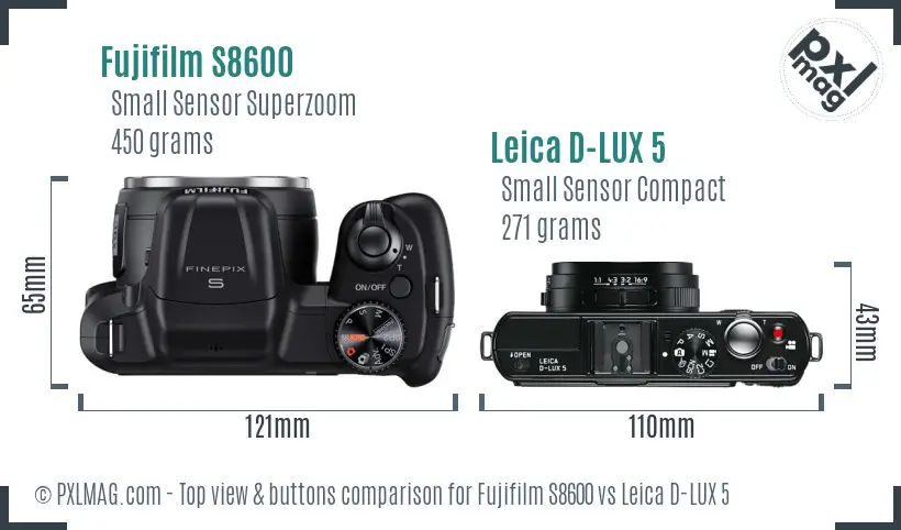 Fujifilm S8600 vs Leica D-LUX 5 top view buttons comparison