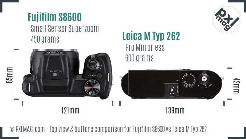 Fujifilm S8600 vs Leica M Typ 262 top view buttons comparison