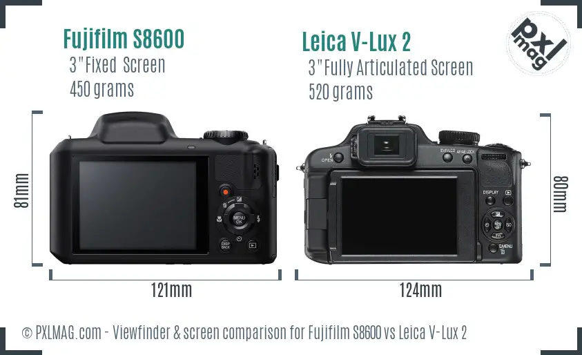 Fujifilm S8600 vs Leica V-Lux 2 Screen and Viewfinder comparison