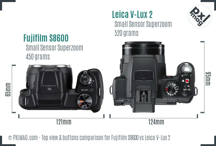 Fujifilm S8600 vs Leica V-Lux 2 top view buttons comparison