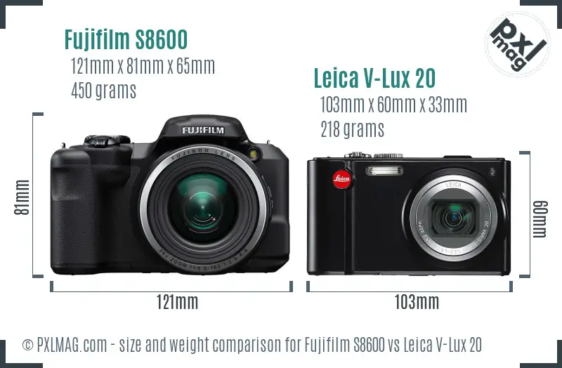 Fujifilm S8600 vs Leica V-Lux 20 size comparison