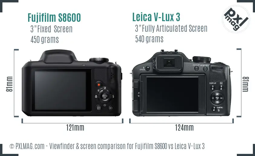 Fujifilm S8600 vs Leica V-Lux 3 Screen and Viewfinder comparison