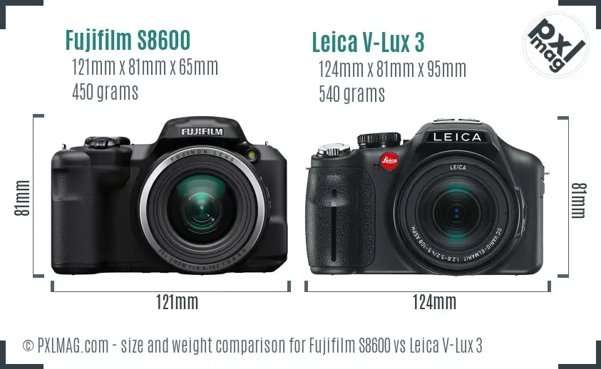 Fujifilm S8600 vs Leica V-Lux 3 size comparison