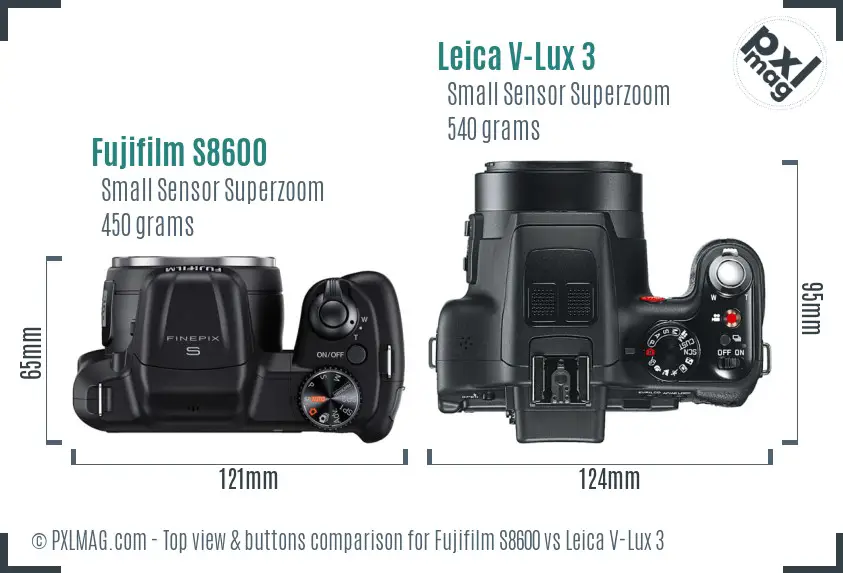 Fujifilm S8600 vs Leica V-Lux 3 top view buttons comparison