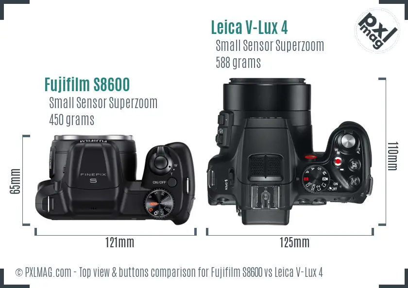 Fujifilm S8600 vs Leica V-Lux 4 top view buttons comparison