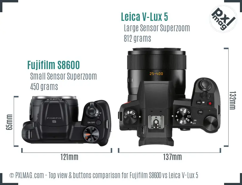 Fujifilm S8600 vs Leica V-Lux 5 top view buttons comparison