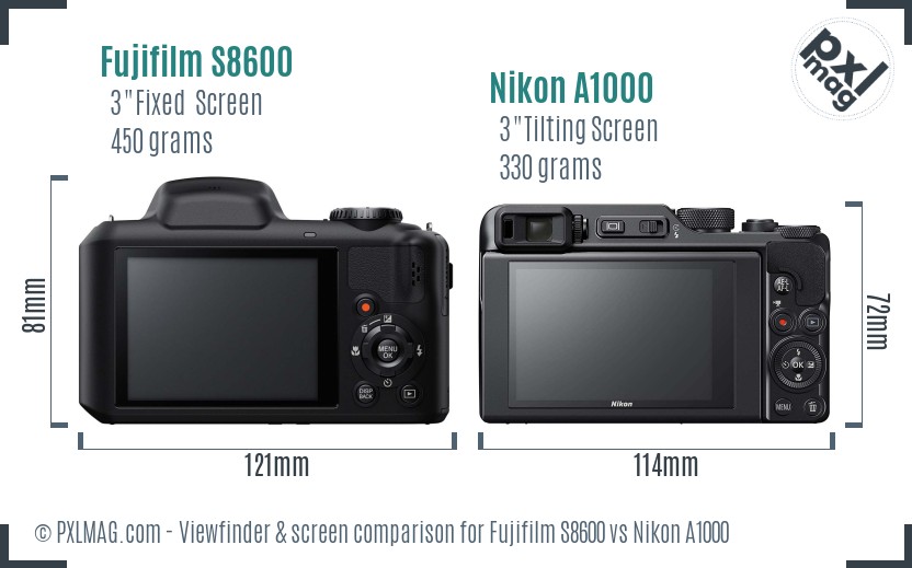 Fujifilm S8600 vs Nikon A1000 Screen and Viewfinder comparison