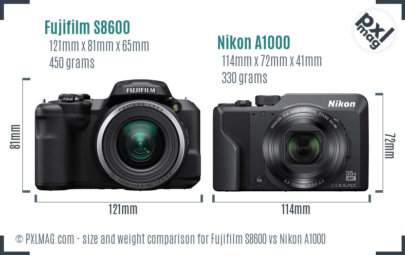 Fujifilm S8600 vs Nikon A1000 size comparison