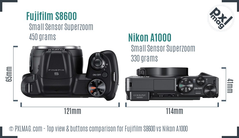 Fujifilm S8600 vs Nikon A1000 top view buttons comparison