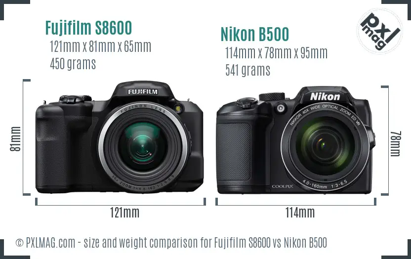 Fujifilm S8600 vs Nikon B500 size comparison