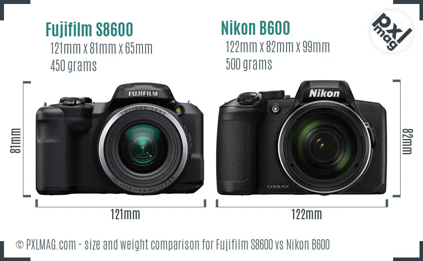 Fujifilm S8600 vs Nikon B600 size comparison