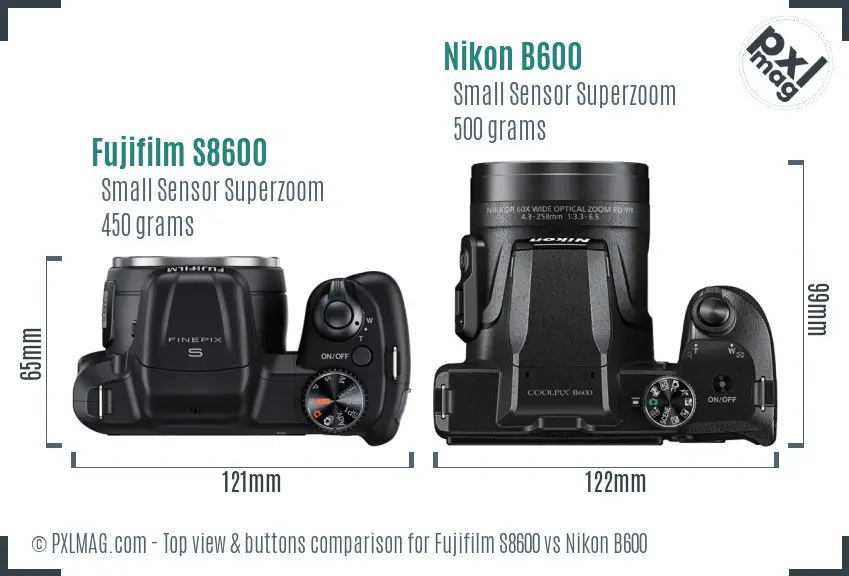 Fujifilm S8600 vs Nikon B600 top view buttons comparison