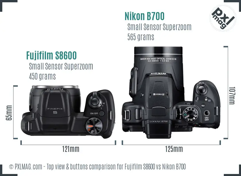 Fujifilm S8600 vs Nikon B700 top view buttons comparison