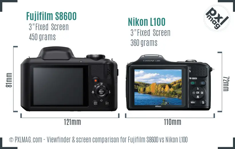 Fujifilm S8600 vs Nikon L100 Screen and Viewfinder comparison