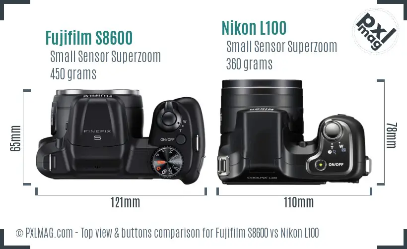 Fujifilm S8600 vs Nikon L100 top view buttons comparison