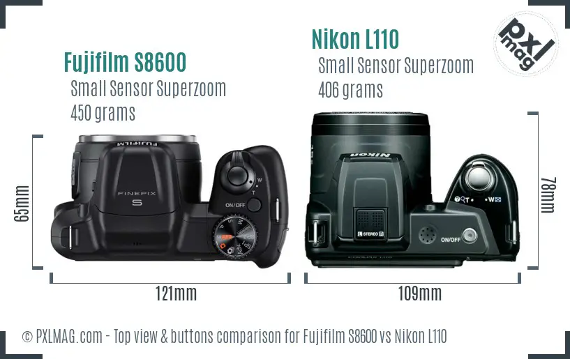 Fujifilm S8600 vs Nikon L110 top view buttons comparison Fujifilm S8600 vs Nikon L110 top view buttons comparison