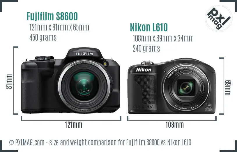Fujifilm S8600 vs Nikon L610 size comparison Fujifilm S8600 vs Nikon L610 size comparison