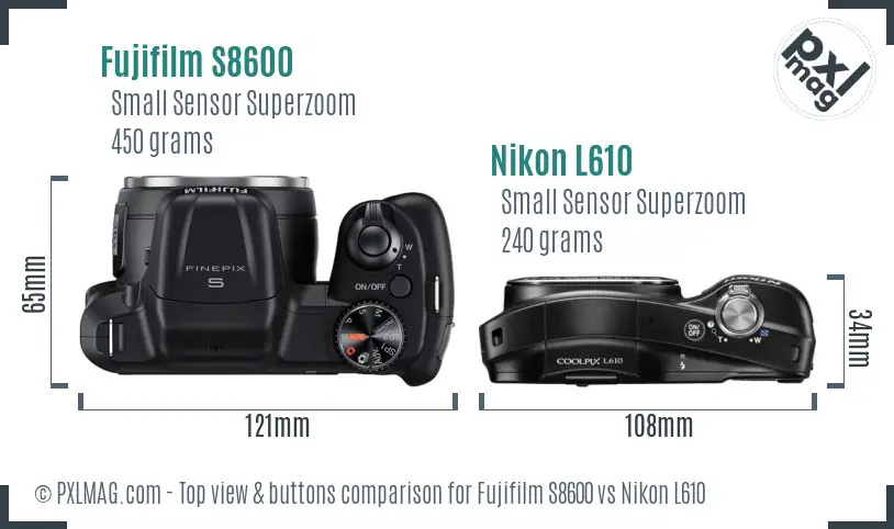 Fujifilm S8600 vs Nikon L610 top view buttons comparison Fujifilm S8600 vs Nikon L610 top view buttons comparison