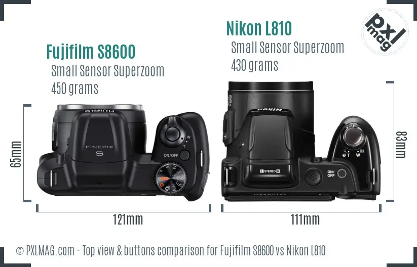 Fujifilm S8600 vs Nikon L810 top view buttons comparison