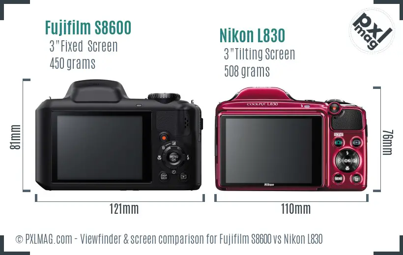 Fujifilm S8600 vs Nikon L830 Screen and Viewfinder comparison Fujifilm S8600 vs Nikon L830 Screen and Viewfinder comparison