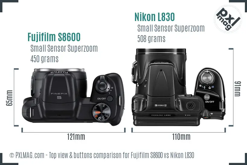 Fujifilm S8600 vs Nikon L830 top view buttons comparison Fujifilm S8600 vs Nikon L830 top view buttons comparison